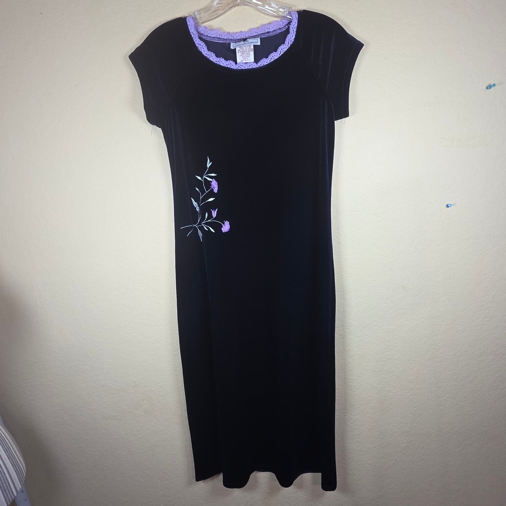 Jonathan Martin Vintage Black Velvet Midi Dress Purple Floral Lace Trim Size 16